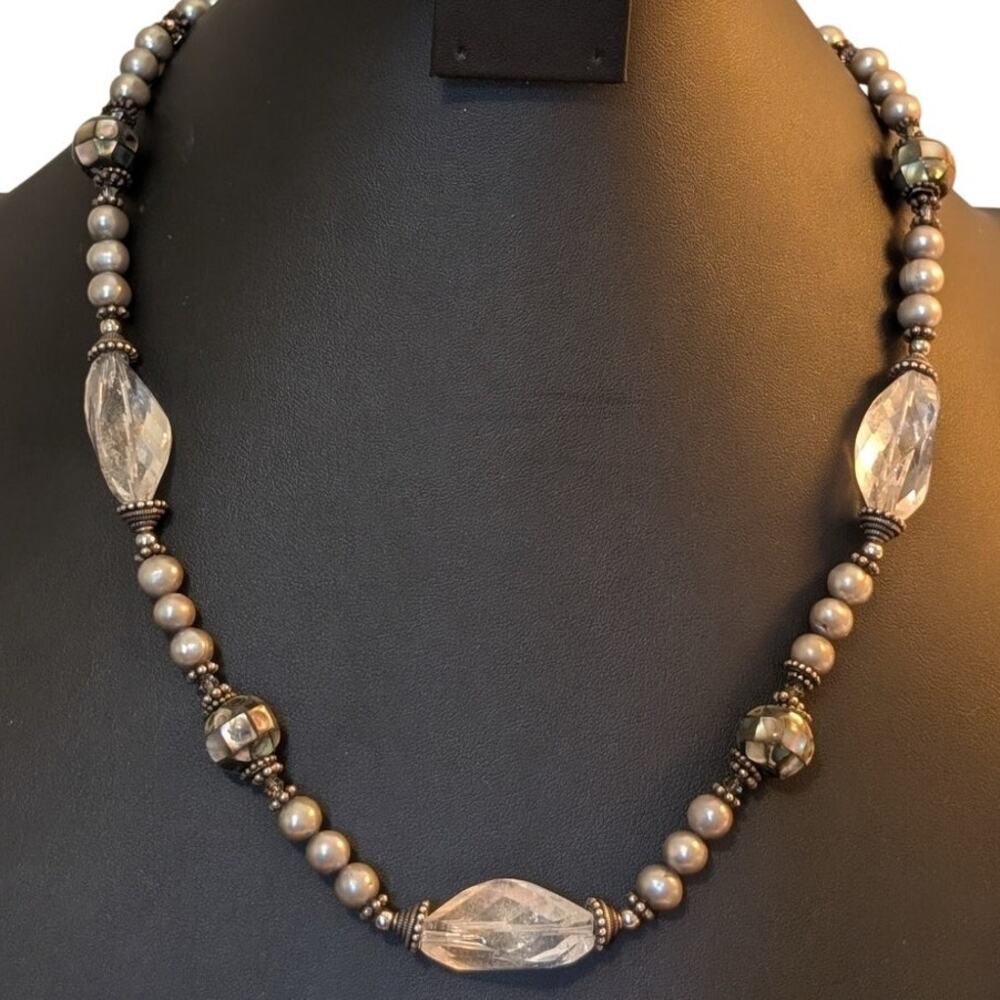 Vintage to Antique Sterling Silver Pearl Rock Quartz Abalone Shell Bead Necklace
